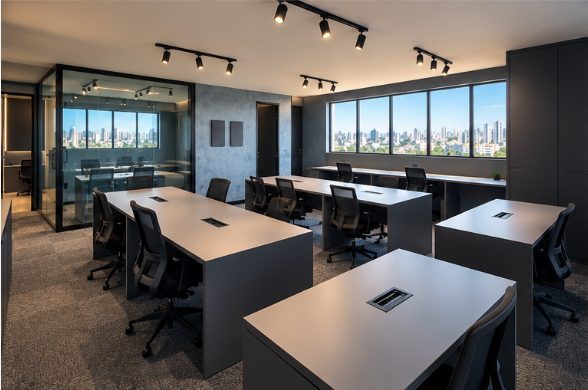 Estações de trabalho do escritório da FT2 com vista para a cidade