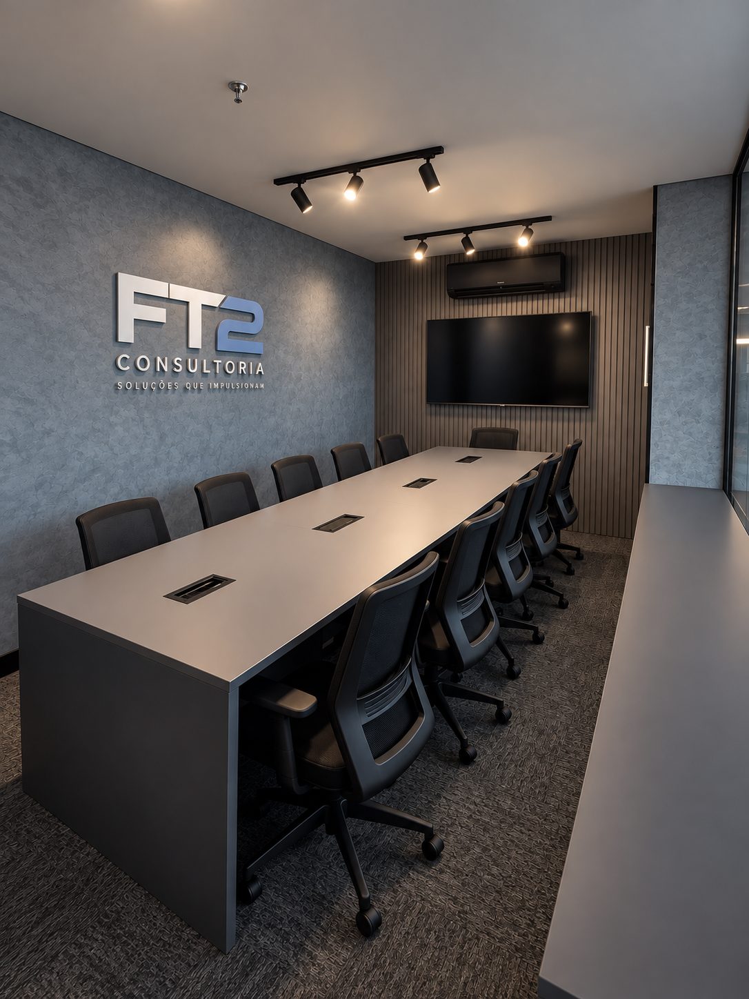 Sala de reuniões da FT2 Consultoria, com o logotipo na parede